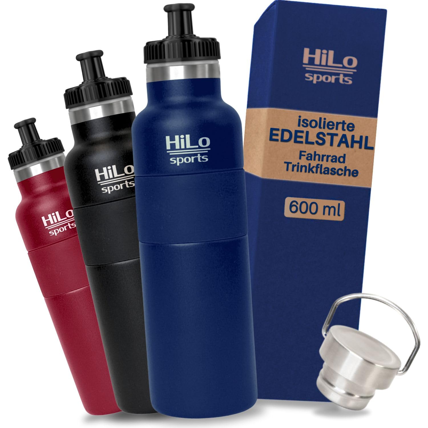 HiLo sports 600 ml Fahrradflasche Edelstahl Isoliert - Für Kunststoff Flaschenhalter - [Pulver Beschichtetes Edelstahl] - Fahrrad Trinkflasche mit 2 Verschlüssen