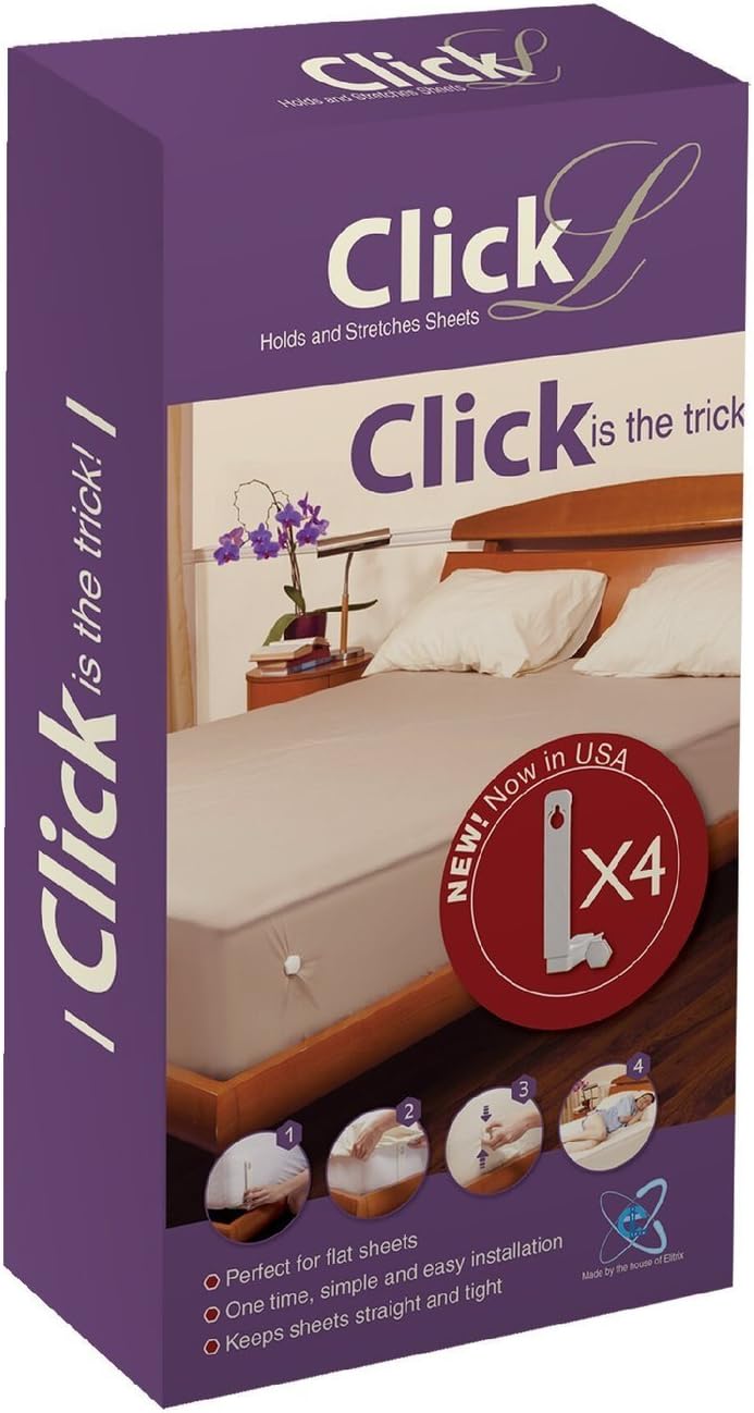 Bed Sheet Fasteners Pack Of 4 By ClickL โ Innovative, L Shaped, Clip & Peg Holders โ Keep The Sheet Taut & In Place โ Easy To Install Grippers โ Hidden From View - Works best for framed beds