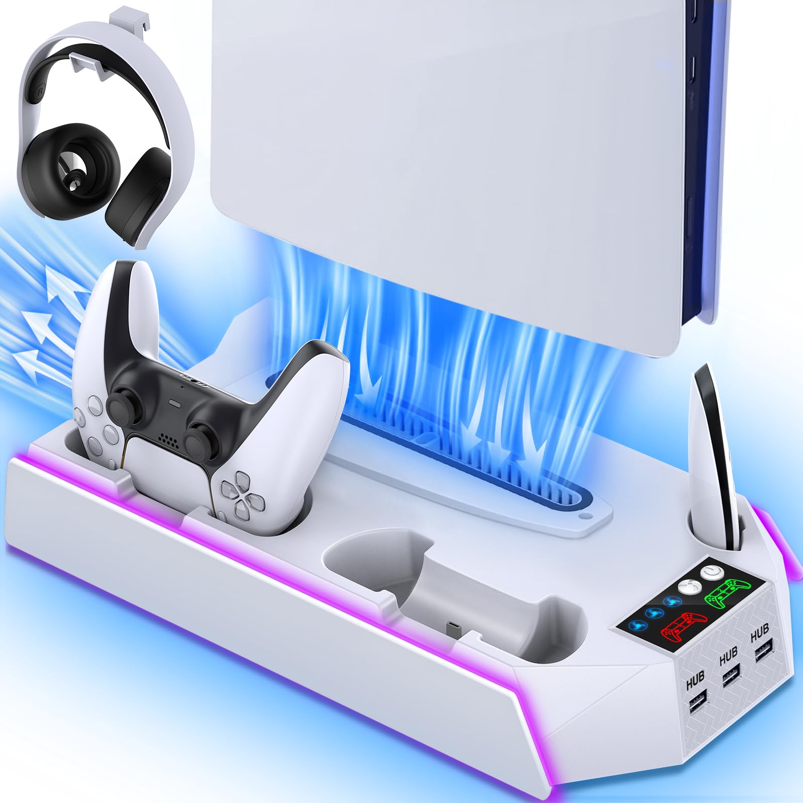PS5 PS5-Slim-Cooling-Station-with-Controller-Charging-Station for Playstation 5 Console Disc Digital LED Light Cooling Stand with Cooler Fan for PS5 Accessories