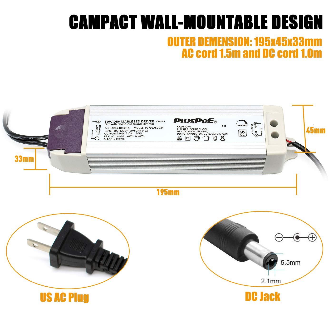 PLUSPOE LED Light Strip 50W Dimmable Driver(2A),Magnetic,110V AC to 24V DC Transformer,Low Voltage Power Supply,Compatible with Lutron and Leviton dimmer, for Kitchens, Cabinets, Bedrooms and More