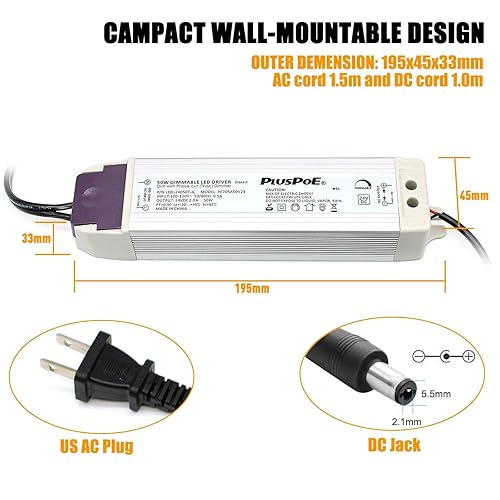 Miniatura 5 de PLUSPOE Tira de luz LED de 50 W regulable (2A), magnética, transformador de 110 V CA a 24 V CC, fuente de alimentación de bajo voltaje, compatible