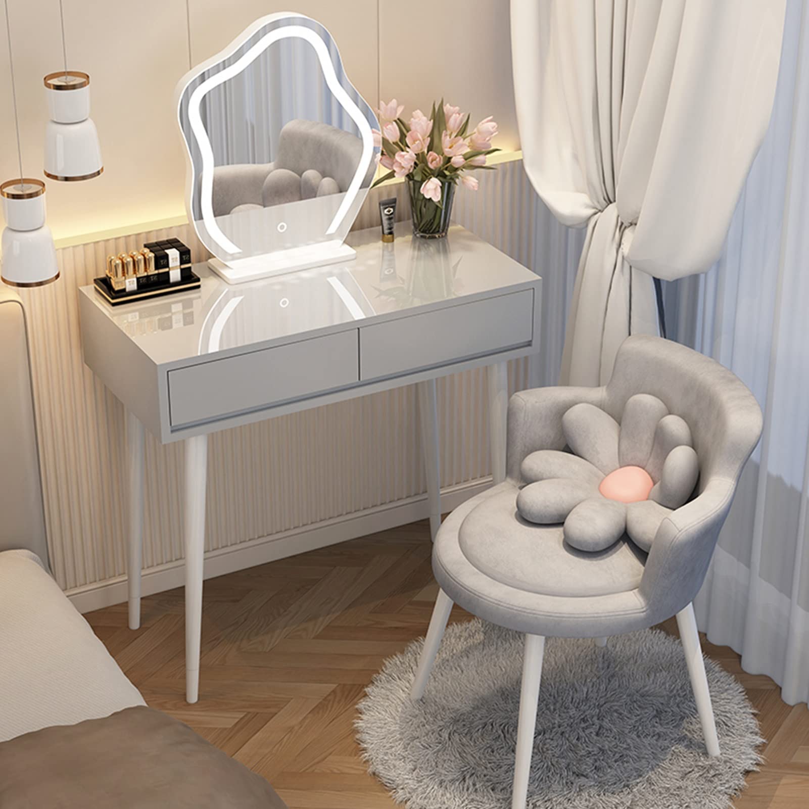 asdchZen Elegant Makeup Vanity Table With Led Lighted Mirror & Upholstered Stool, White & Grey Dressing Table For Bedroom, Spacious Drawers, 60Cm/23.6In,Grey B-80cm/31.5in