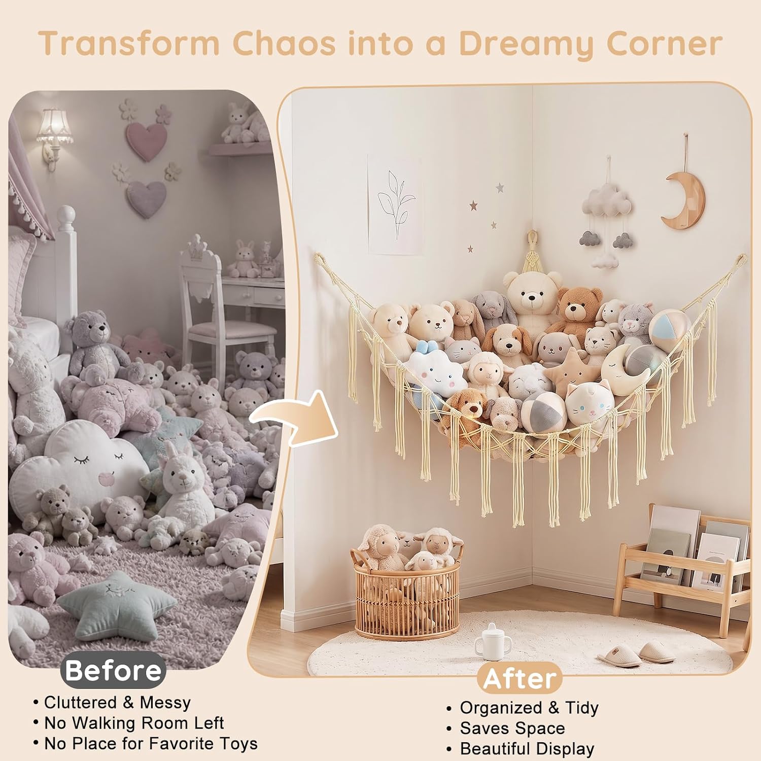 Basumee Stuffed Animals Hammock with LED Light Corner Net, Girls Room Decor image 2