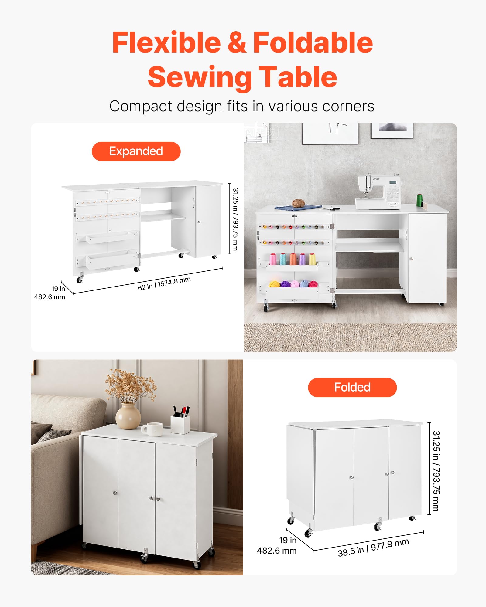 VEVOR Table de couture pliante, table pour machine à coudre polyvalente pour maison, avec design compact, armoire, roulettes, chevilles en bois, plateaux de rangement, étagère, porte magnétique, blanc