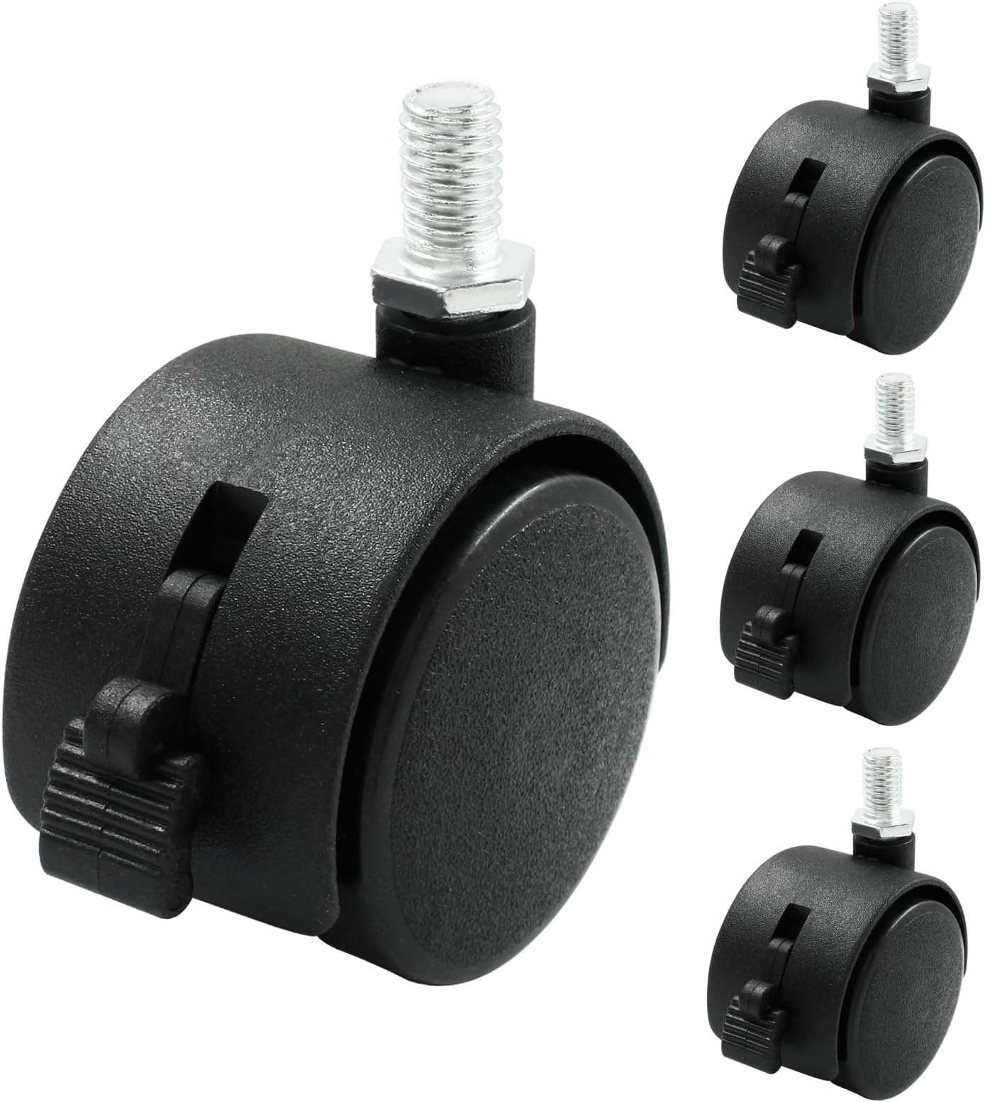 Suiwotin 4pcs 1.5 Inch Swivel Caster Wheels, Black Nylon M8 Threaded Stem Caster Wheels with Brake, Heavy Duty Swivel Stem Casters Wheel Replacement for Furniture, Table, Cabinet, Shelf
