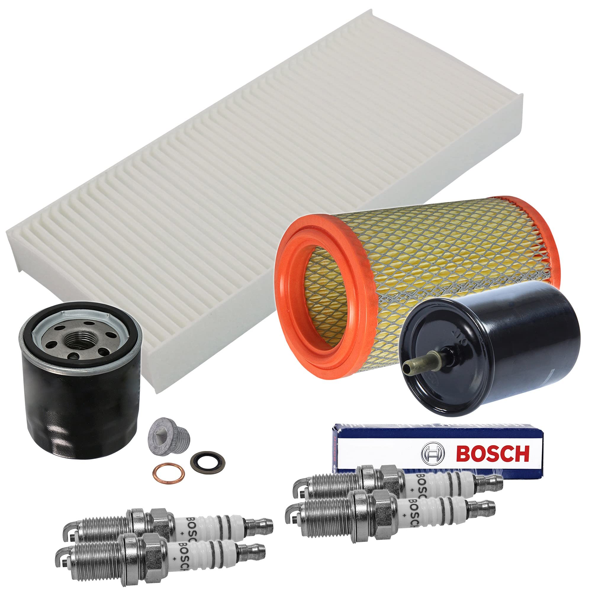 BESTPRICE Set di filtri di ispezione con 1x filtro olio, 1x filtro aria, 1x filtro abitacolo, 1x filtro carburante, 4x candela FR7DC+, compatibile con RENAULT TWINGO I (C06_) (S06_)