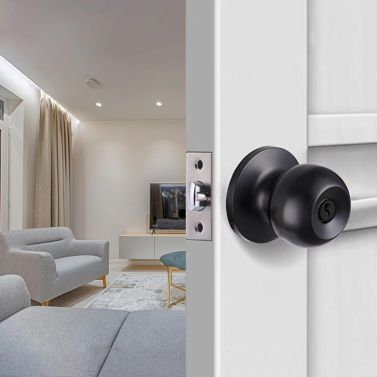 Black Door Knobs with Lock and Keys, Interior and Exterior Door Lock, Standard Ball Door Locks for Bedrooms/Bathroom