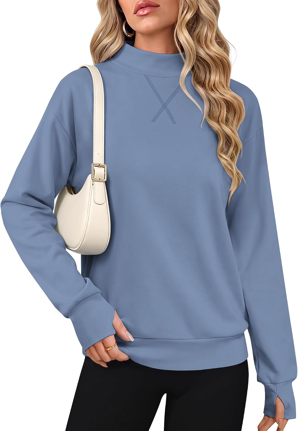 AUSELILY Mock Neck Sweatshirt for Women Long Sleeve Pullover Top Thumb Hole | Soft Cozy Mock Turtleneck, Warm Lightweight Sweater Shirt for Fall Winter, Daily Wear, Travel and Layering