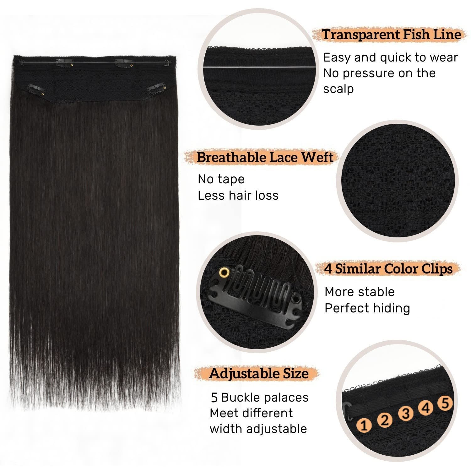 Wire Hair Extensions Human Hair Fish Wire Extension Natural Black 14 Inch 80g