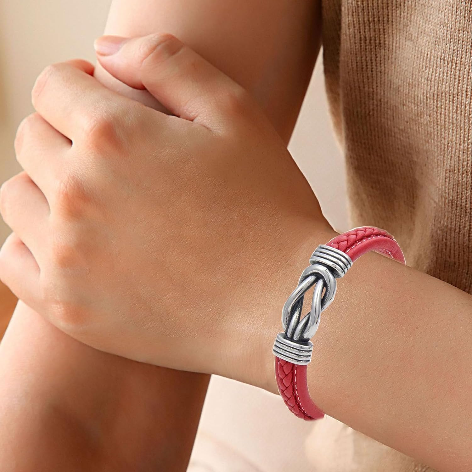 Mother and Daughter Forever Linked Together Braided Leather Bracelet, Inspirational Wristband for Women Stainless Steel Infinity Knot Engraved Leather Bangle Daughter Gift from Mom - Image 4