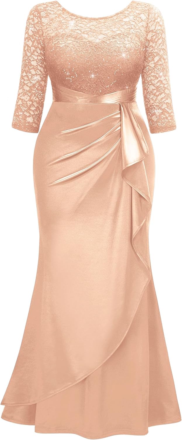 MISSMAY Women's Plus Size Sequin Lace Contrast Satin Ruched Bodycon Mermaid Formal Maxi Dress - Image 5