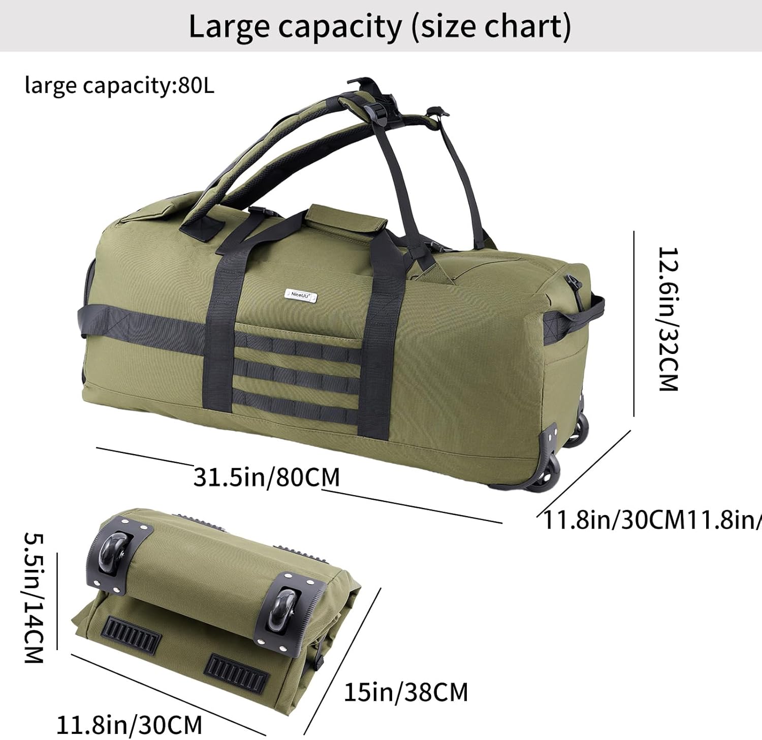 80L Travel Rolling Duffel Bag with wheels, Military Tactical Wheeled Foldable for Deployment Travel Camping Sports