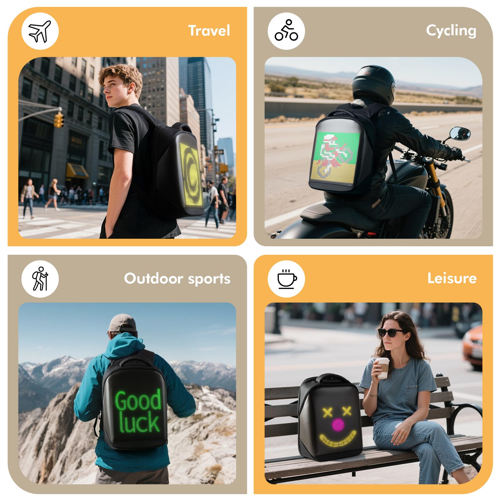 Zaino LED Con Schermo Programmabile, Zaino Per Laptop Impermeabile Da 17 Pollici, Viaggio, Borsa Per Moto, Nero (Banca Di Potenza Non Inclusa)