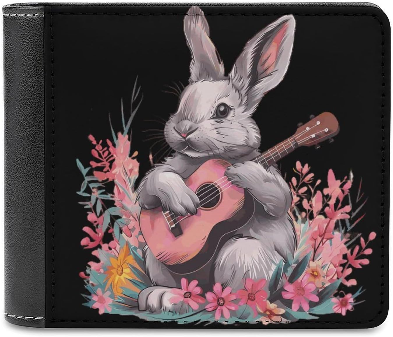 Cute Rabbit Playing Guitar Slim Wallets for Men Soft Bifold Wallet with Multiple Card Slots Custom Present