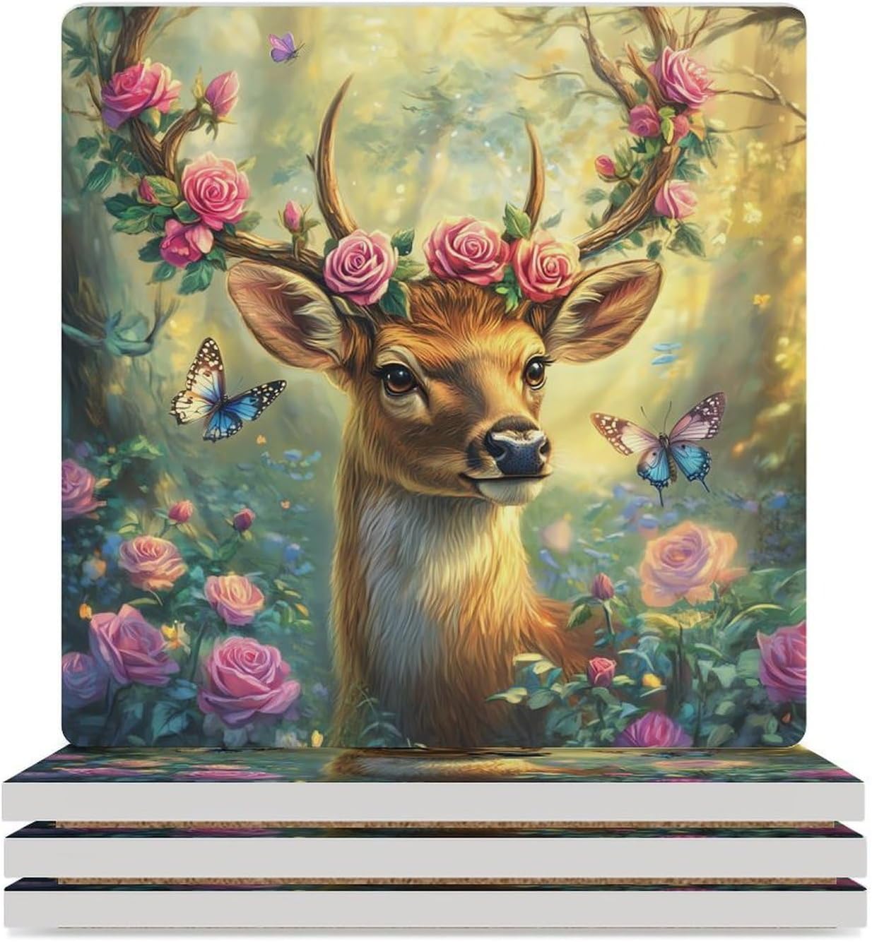 Deer Flowers Ceramic Coasters Set Square Drink Coasters Table Coaster for Kitchen Desktop Decor