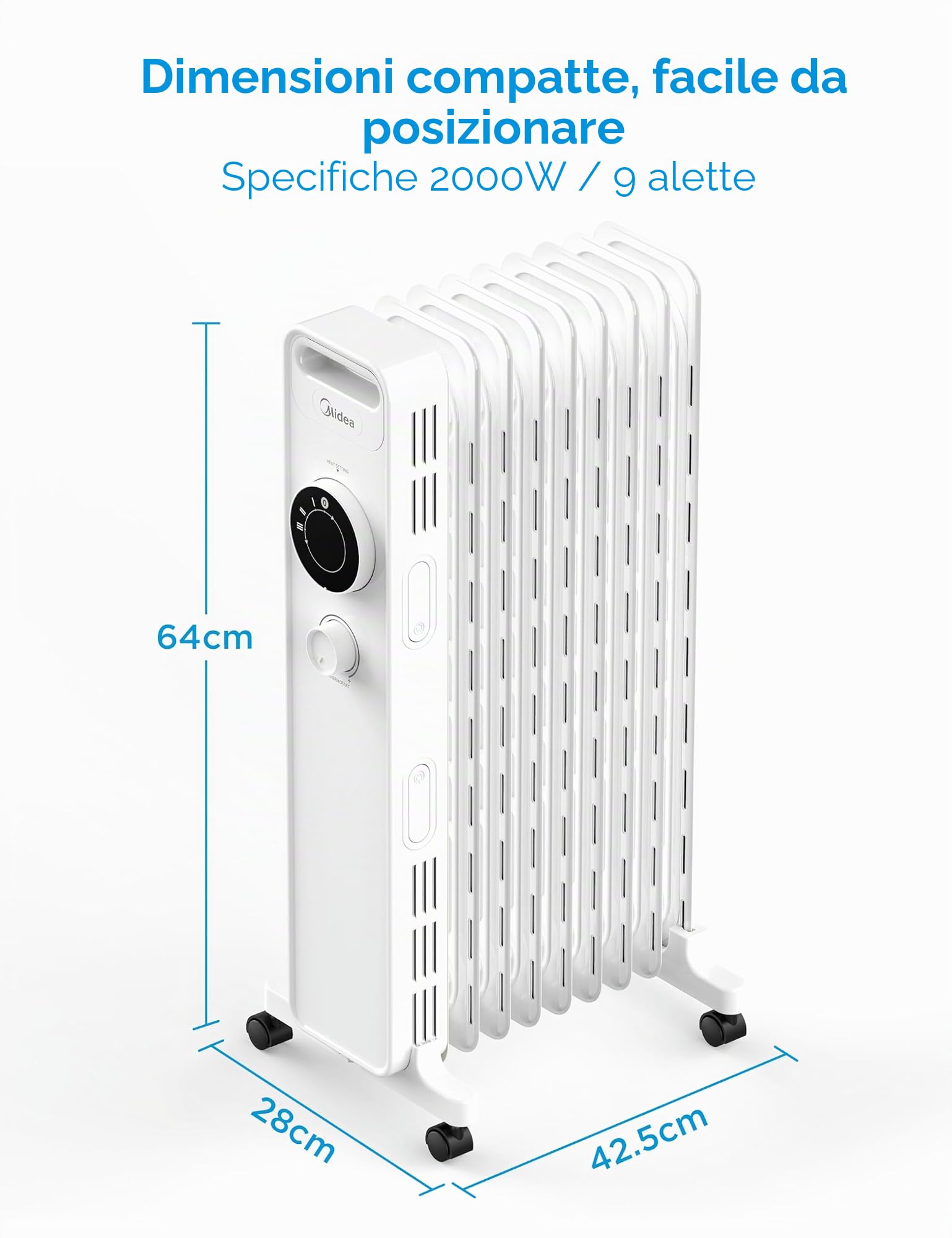 Midea NY2009-22M Radiatore ad olio 2000 W, termoventilatore a risparmio energetico, silenzioso, radiatore a 9 costole, termostato regolabile, 3 livelli di riscaldamento, protezione antigelo, display