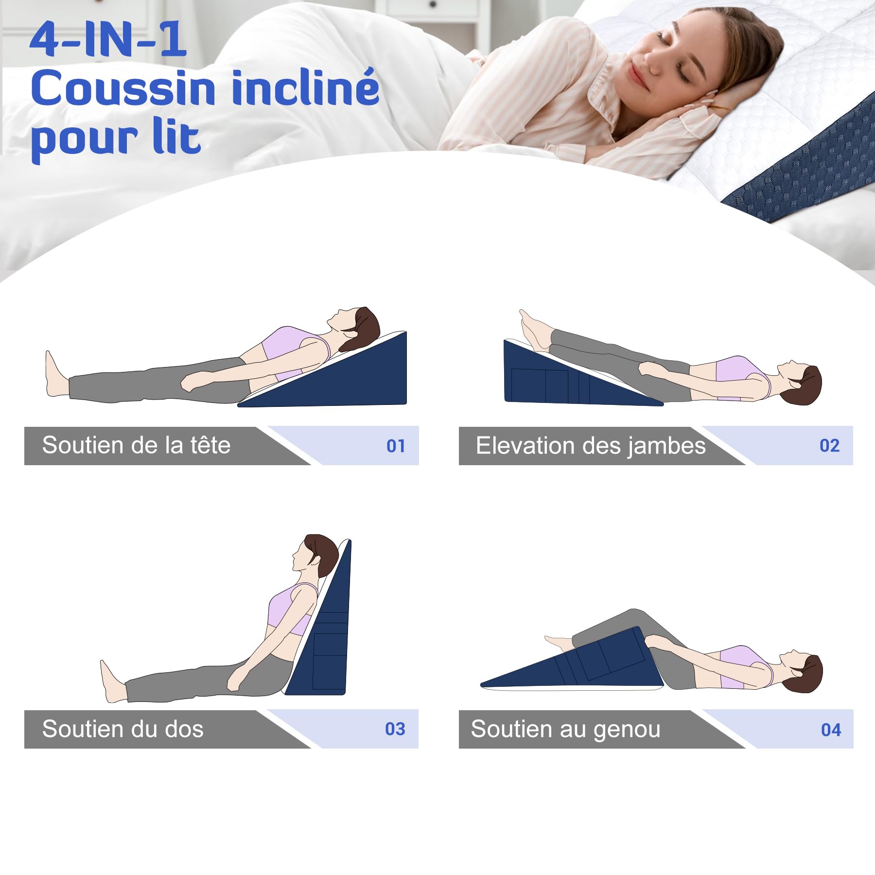 INFANZIA Cojín reclinado para cama, Almohada Triangular Ergonómica con memoria de forma para apnea del sueño, cojín de esquina, ronquidos, reflujo ácido, leer, piernas elevadas de 21 cm