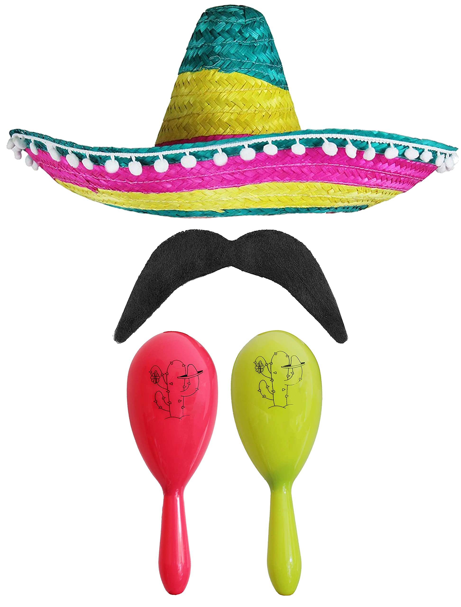Adults Mexican Accessory Set - Multicoloured Sombrero, Pink & Yellow Maracas, Moustache - Cinco de Mayo Sensorita Bandit Mariachi Fancy Dress Costume Accessory Set
