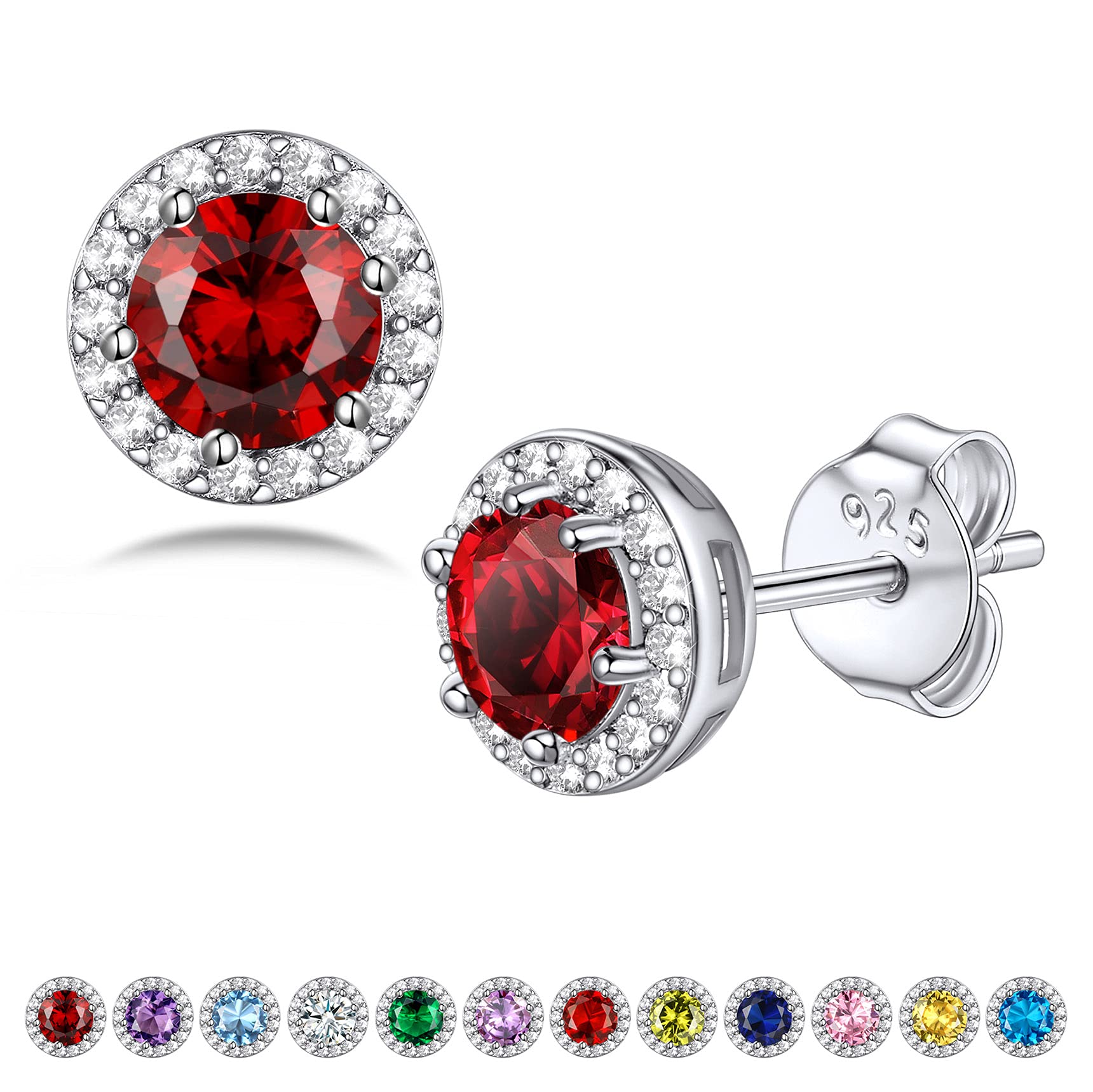 Bestyle Sparkling 925 Sterling Silver Birthstone Stud Earrings for Women Heart Round Teardrop Square Solitaire Diamond Studs Earrings