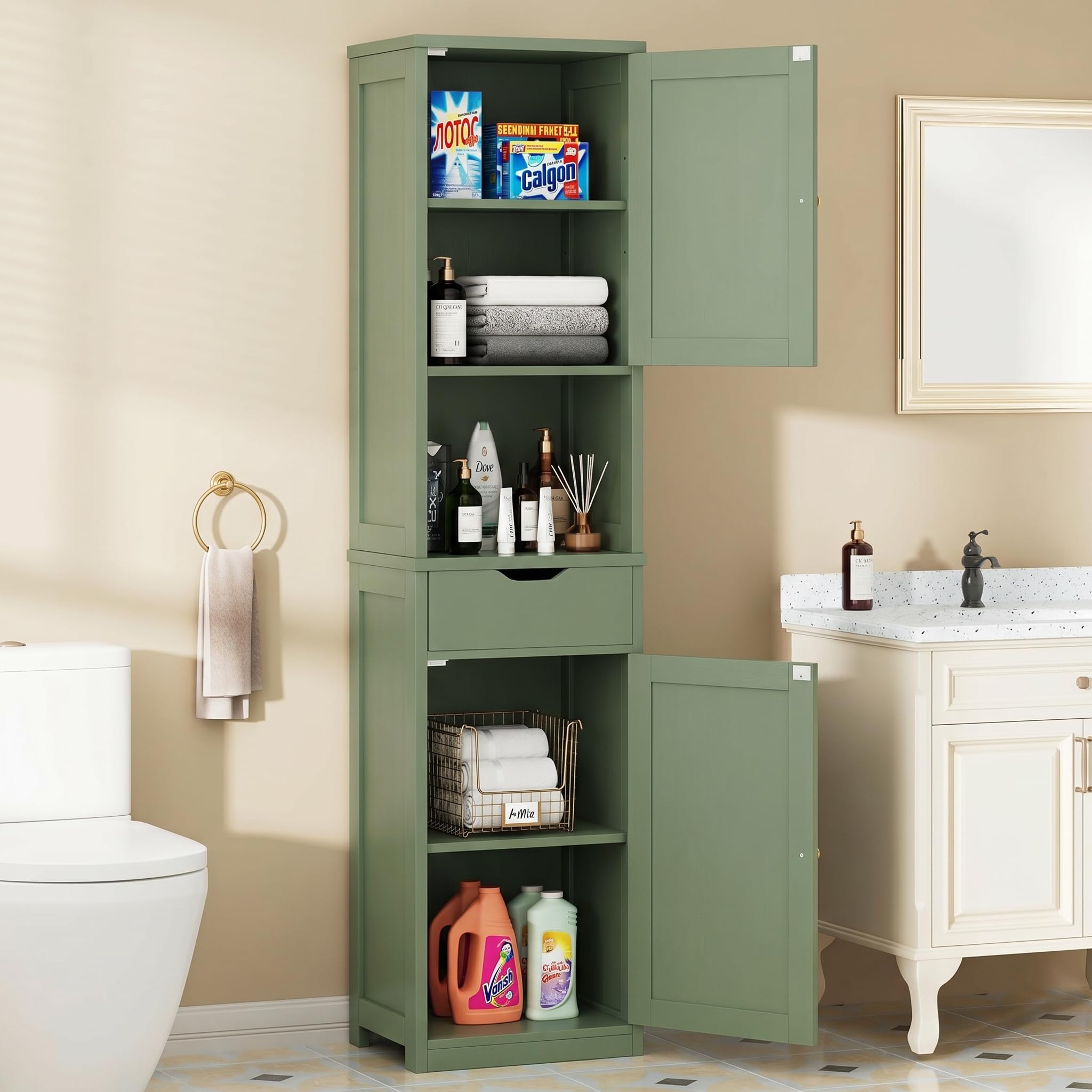 Walsunny Tall Bathroom Storage Cabinet with Freestanding Adjustable Shelves, Narrow Storage Linen Cabinet with 2 Doors and 1 Drawer for Bathroom,