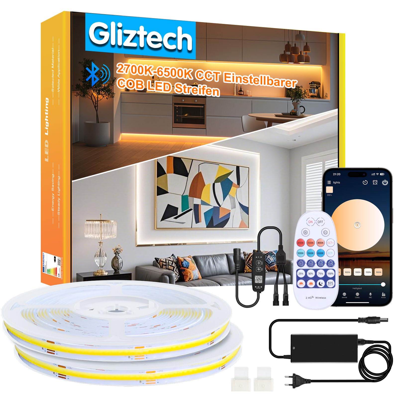 20M(2*10m) COB LED Streifen, 3000K-6500K Dimmbare Warmweiß bis Kaltweiß Ultrahelle COB Strip, Unterbauleuchte küche led mit Fernbedienung & Smart BT App Steuerung LED Band für Schlafzimmer, Wohnzimmer