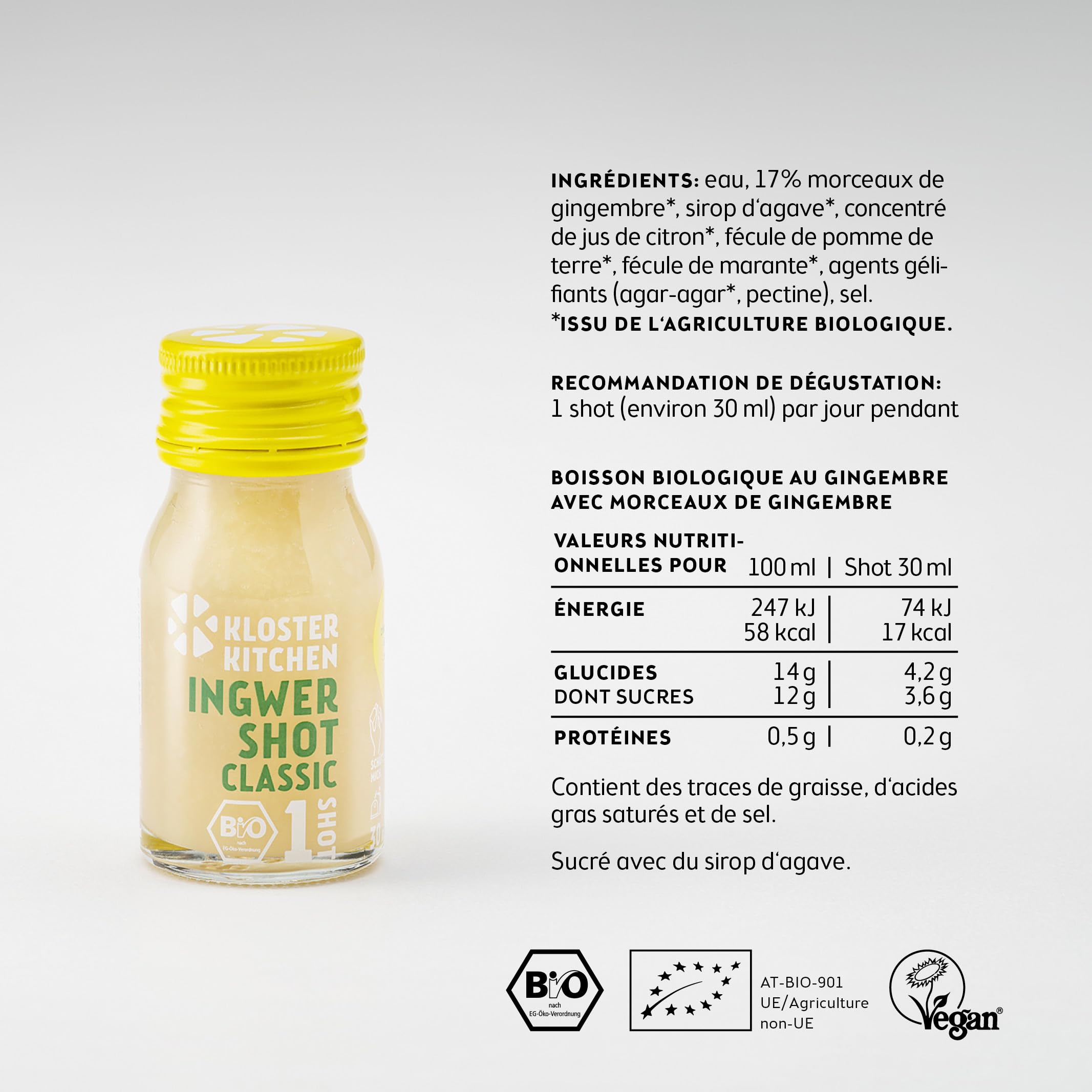 Kloster Kitchen Lot de 14 shots de gingembre bio 1SHOT - 14 x 30 ml - Avec véritables morceaux de gingembre - Végétalien dans une bouteille en verre à emporter - Doux et épicé - Sans additifs et avec