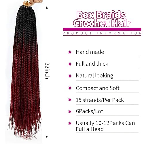 Miniatura 3 de Paquete de 6 paquetes de trenzas de ganchillo de pelo sintético preenrollado con ganchillo, 22 pulgadas (rojo vino degradado, 22 pulgadas)