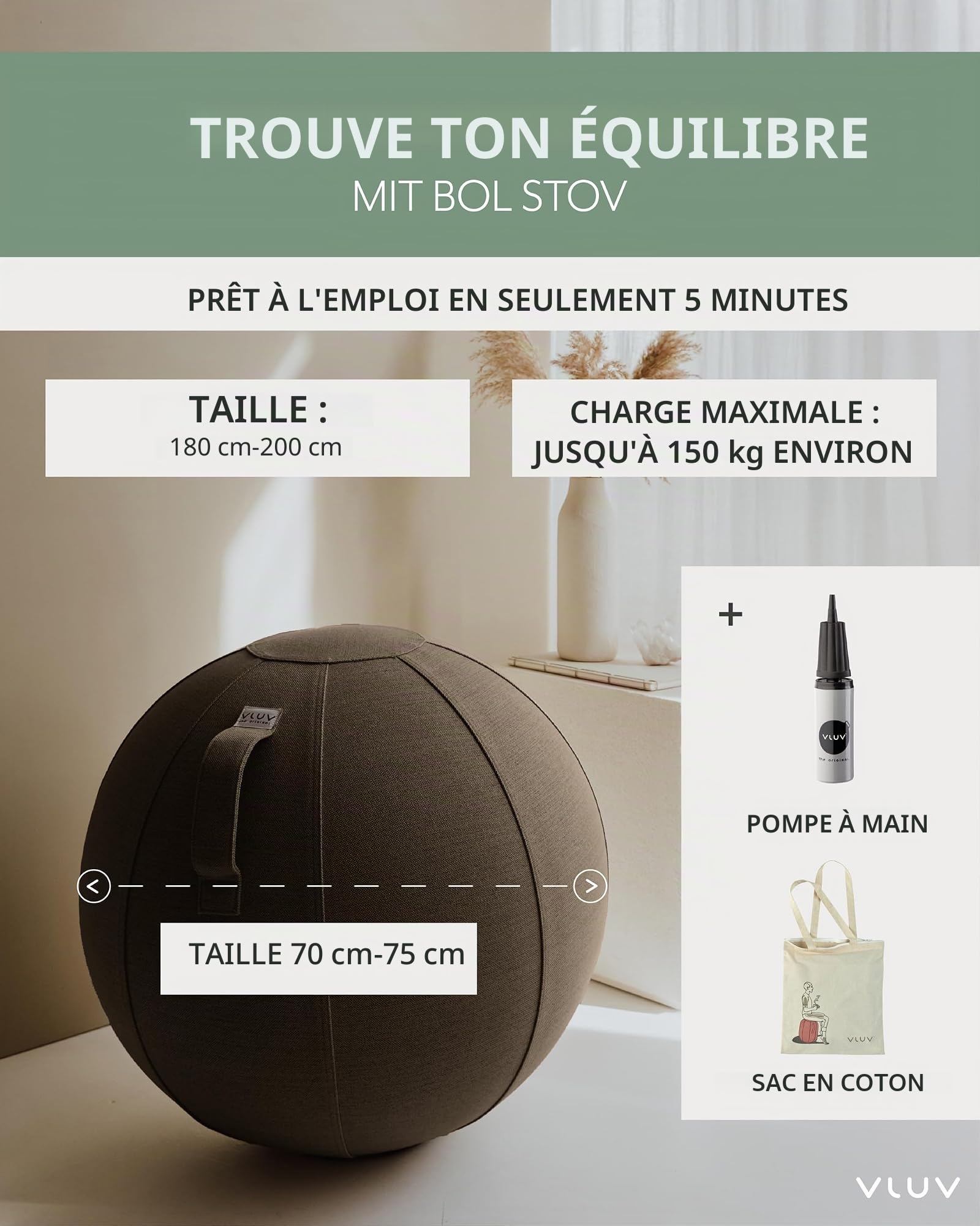 VLUV Ballon-siège STOV, siège Ergonomique, Couleur: Greige (Gris), Ø 70cm - 75cm, Tissu d’ameublement de qualité supérieure, Robuste et indéformable avec Une poignée de Transport