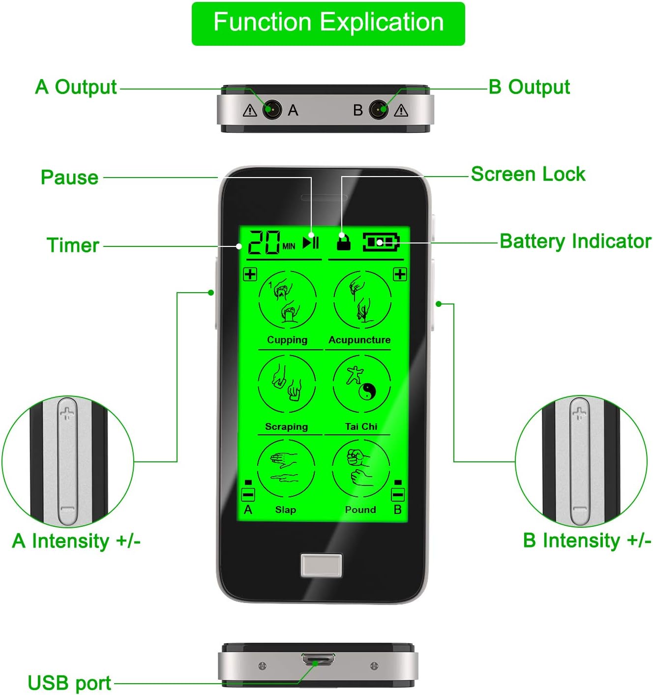 EUNON Touchscreen TENS EMS Unit Muscle Stimulator Rechargeable 24 Modes Dual Channel Apply 8 Pads at The Same Time Electronic Pulse Massager Machine Electrotherapy Device for Pain Relief Therapy