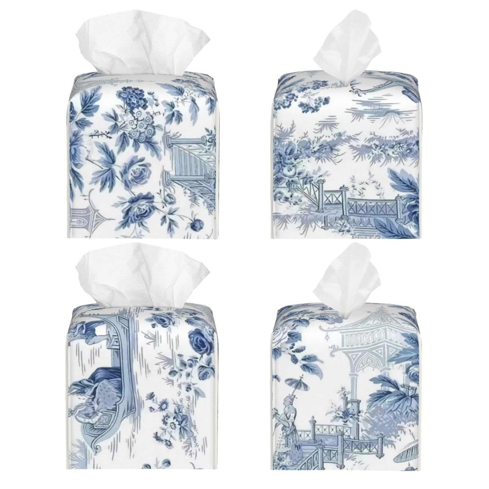 Japenese Style Blue Chinoiserie Landscape Painting Square Tissue Box Cover, Cube Tissue Box Holder, Table Tissue Box