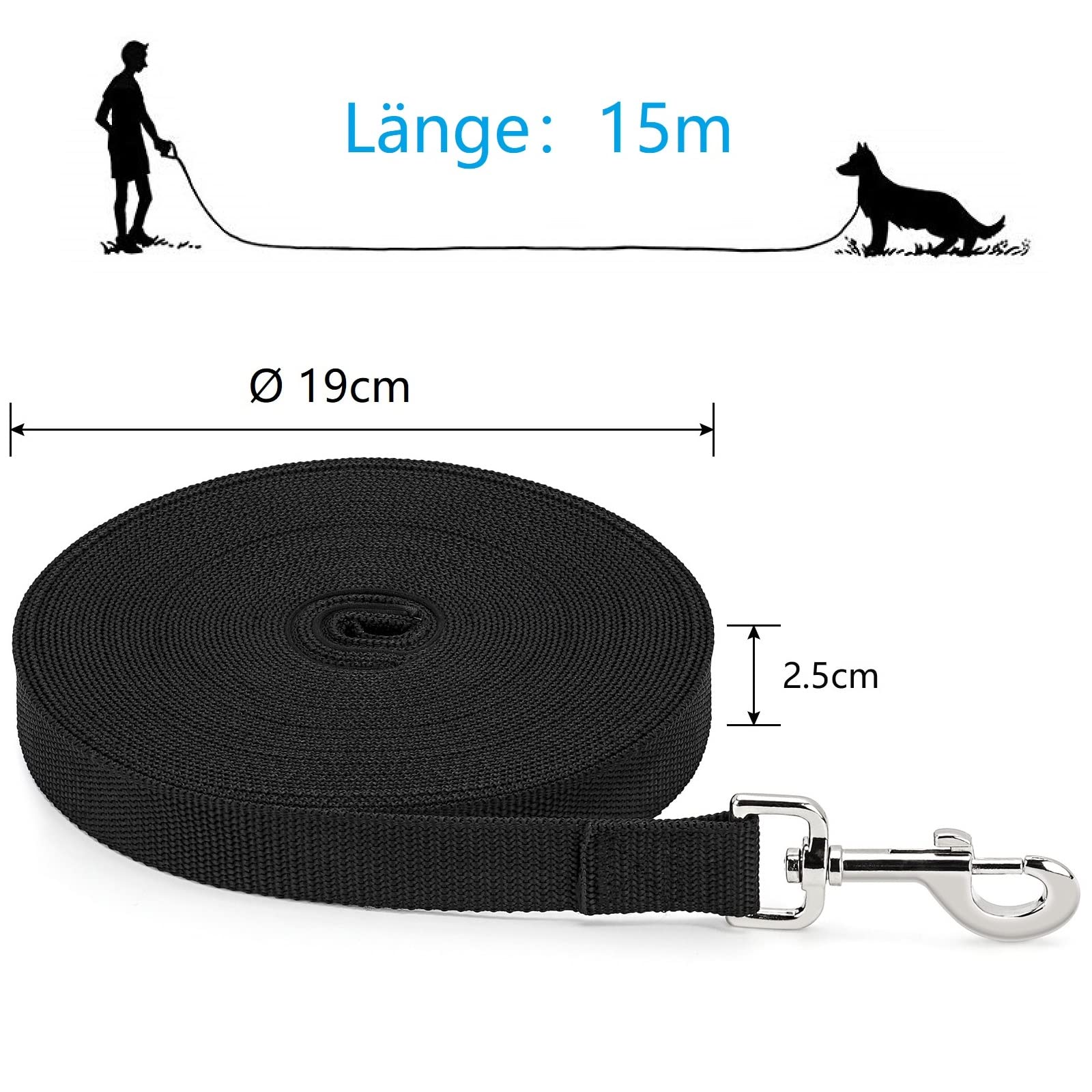Hondenriem, 5 m/10 m/15 m, lange trainingslijn voor honden, met handvat, voor kleine tot grote honden, zwart
