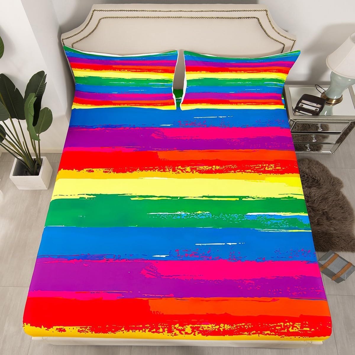 Juego Sabanas 160X200 Rayas De Color Bedding Juego De Sabanas 3 Piezas - Poliéster Microfibra Cepillada Funda Colchon - Hipoalergenica Juego De Sabanas - 2 Fundas De Almohada