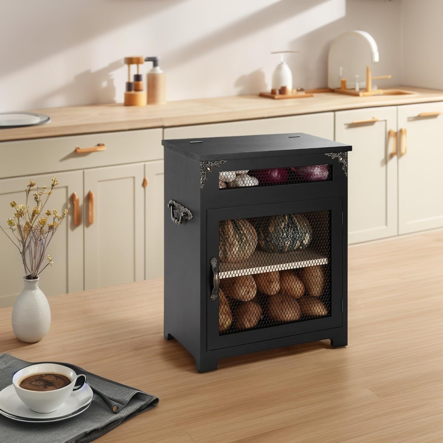 Mini Potato and Onion Storage Bin - Wooden Storage Box for Kitchen Countertops, Vegetable Storage Bins, 12.2"W x 6.5"D x 16"H (Black)