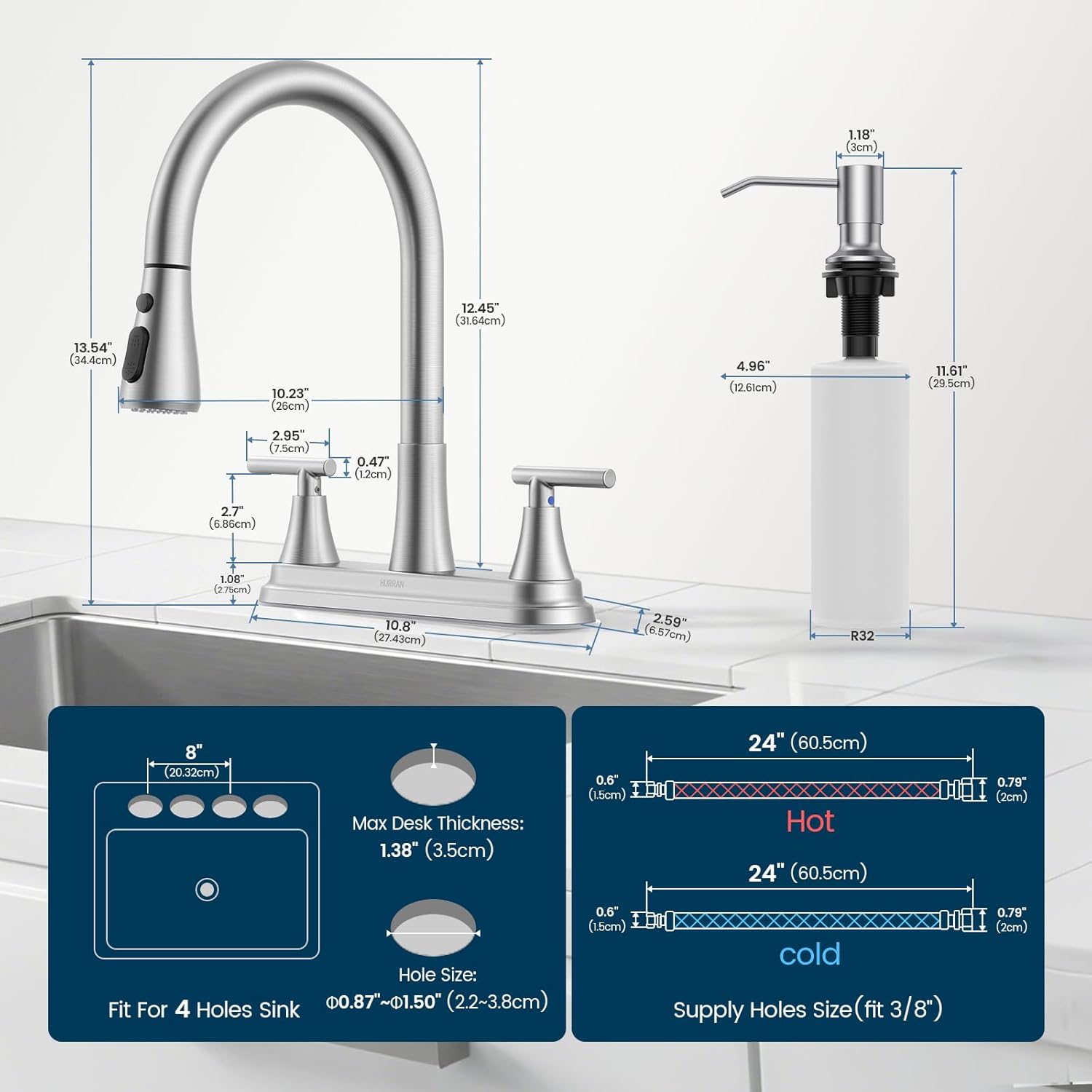 Hurran 8-Inch 2 Handle Pull Down Kitchen Faucet with Soap Dispenser, High Arc 2-in-1 Spray/Stream Stainless Steel Kitchen Sink Faucet for 3-4 Hole Widespread Installation, Brushed Nickel