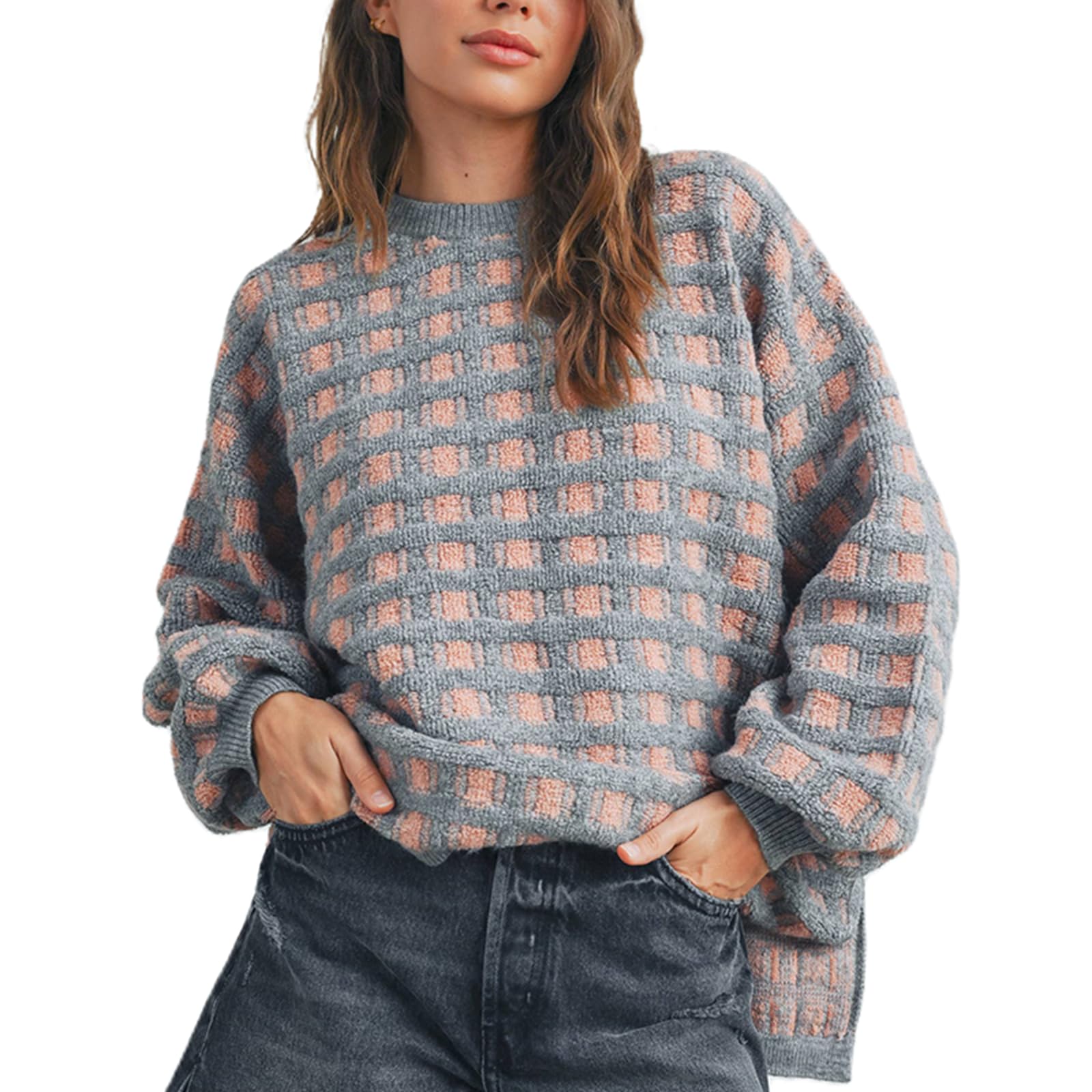 Womens Plaid Long Sleeve Sweaters Oversized Crewneck Loose Color Block Y2k Pullover Tops Knitwear