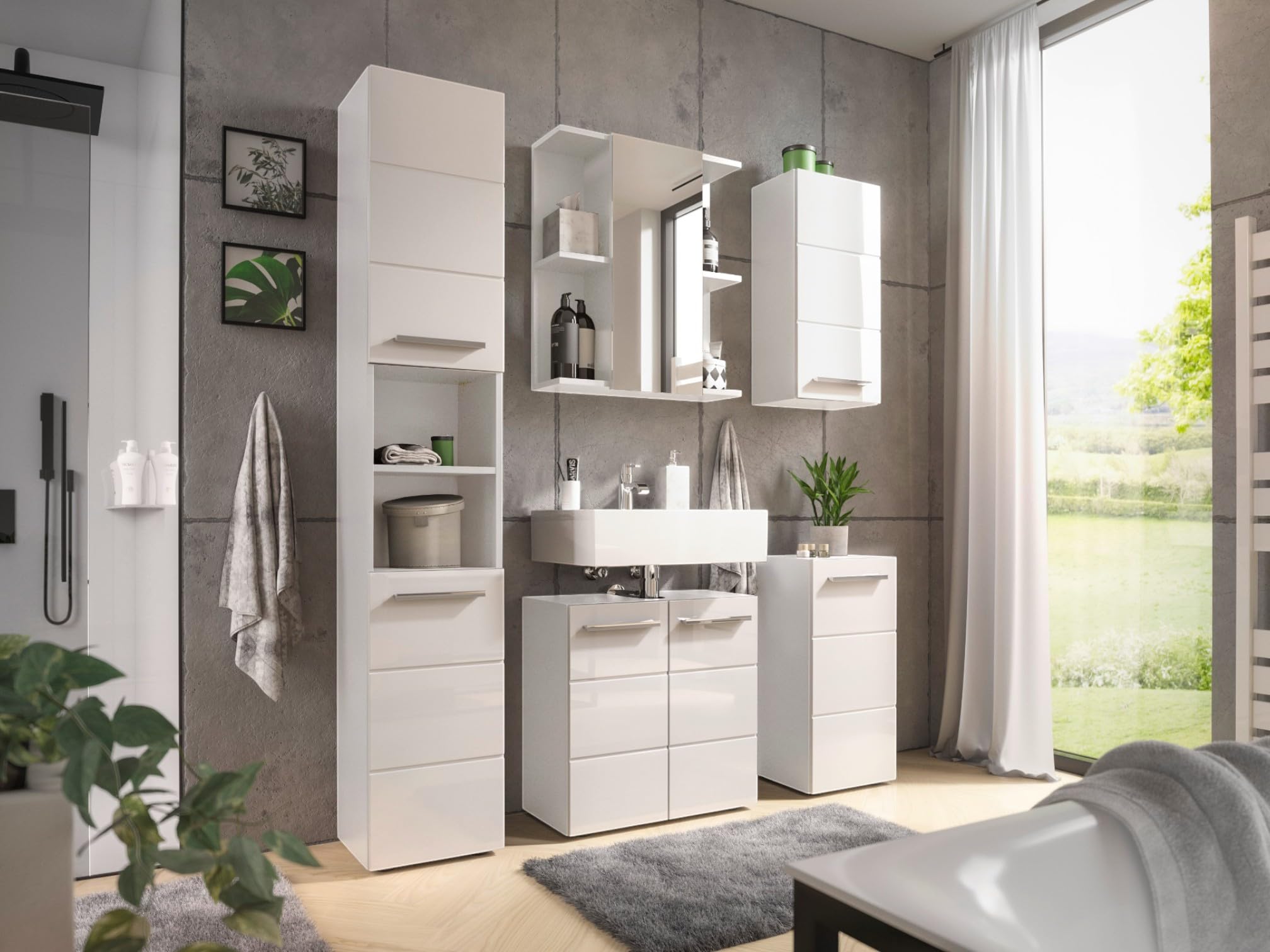 moebel-dich-auf Badezimmer Badmöbel Vail Korpus Viking Oak 5-St., Hochschrank, Spiegelschrank, Wbu, Set 1 (Weiß Hochglanz)