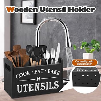 Kitchen Utensils Holder - Black Utensil Holder Cooking Utensil Organizer with 3 Compartment Drainage Bottom, Wooden Cutlery Storage Holder Farmhouse Cutlery Caddy, Cooking Tools Storage for Countertop