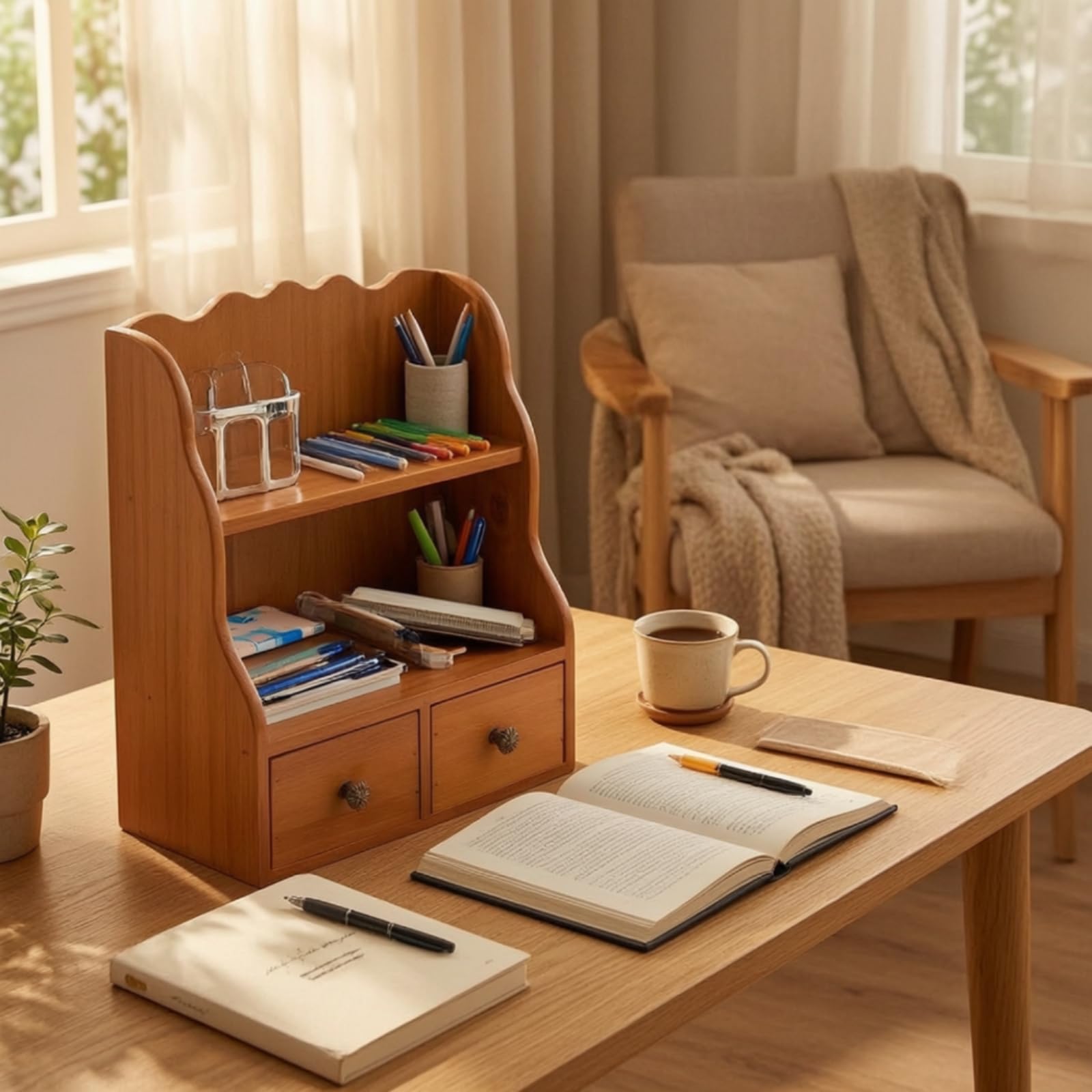 Organizzatore da Scrivania in Legno Scaffale Organizer Cassetti Portaoggetti Portadocumenti in Legno Massello con Due Ripiani E Due Cassetti Compatto Adatto per Ufficio Studio Dormitorio