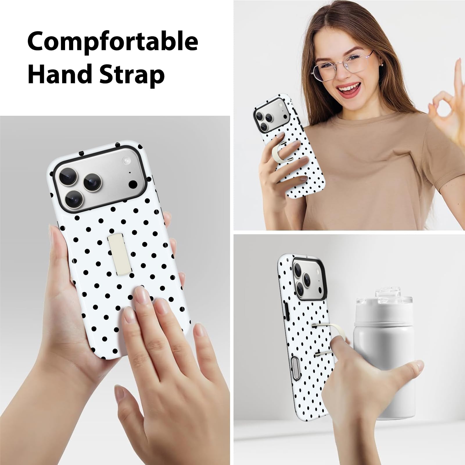 KANGHAR Custodia a pois per iPhone 17 Pro Max con supporto a strappo nascosto - Cover ibrida 2 in 1, sottile, antiurto, compatibile con MagSafe, protezione obiettivo fotocamera, unisex quotidiano