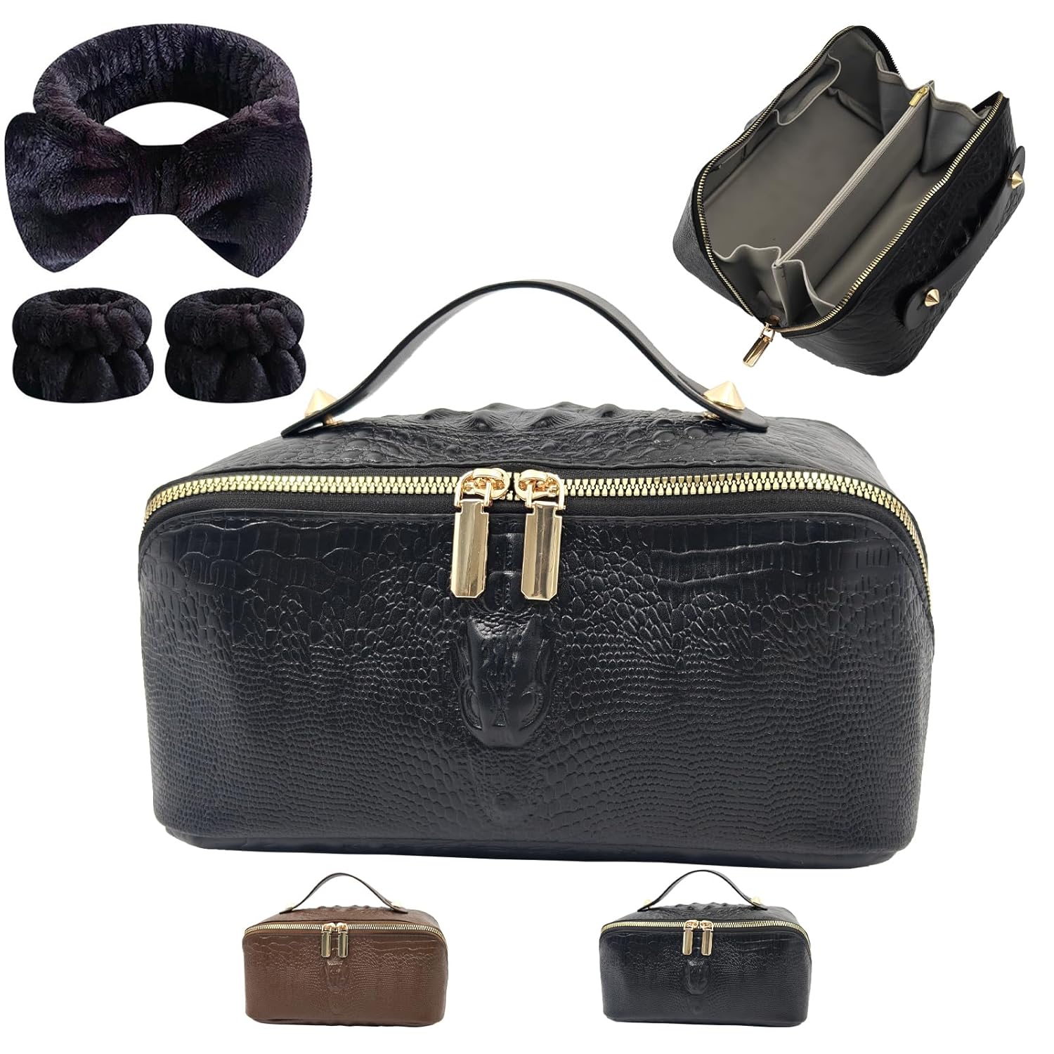 Structured Leather Makeup Bag for Women, Wide Opening Travel Cosmetic Case, Large Capacity Box Style Toiletry Organizer with Brush Compartment (Black Crocodile Grain)