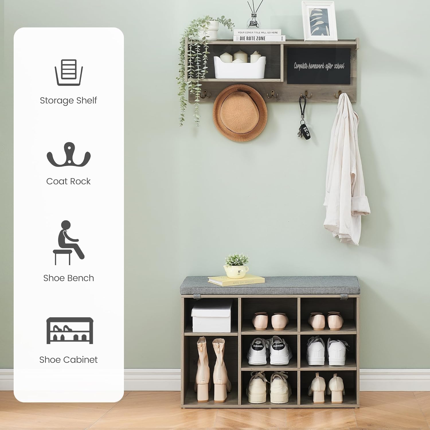 Shoe Bench With Storage and Coat Rack Set, 31.5 Inch Shoe Rack With 5 Hooks 9 Storage Cubbies With Small Blackboard and Bookshelf Wall Mount Coat Rack Hall Tree for Entryway Hallway Living Room