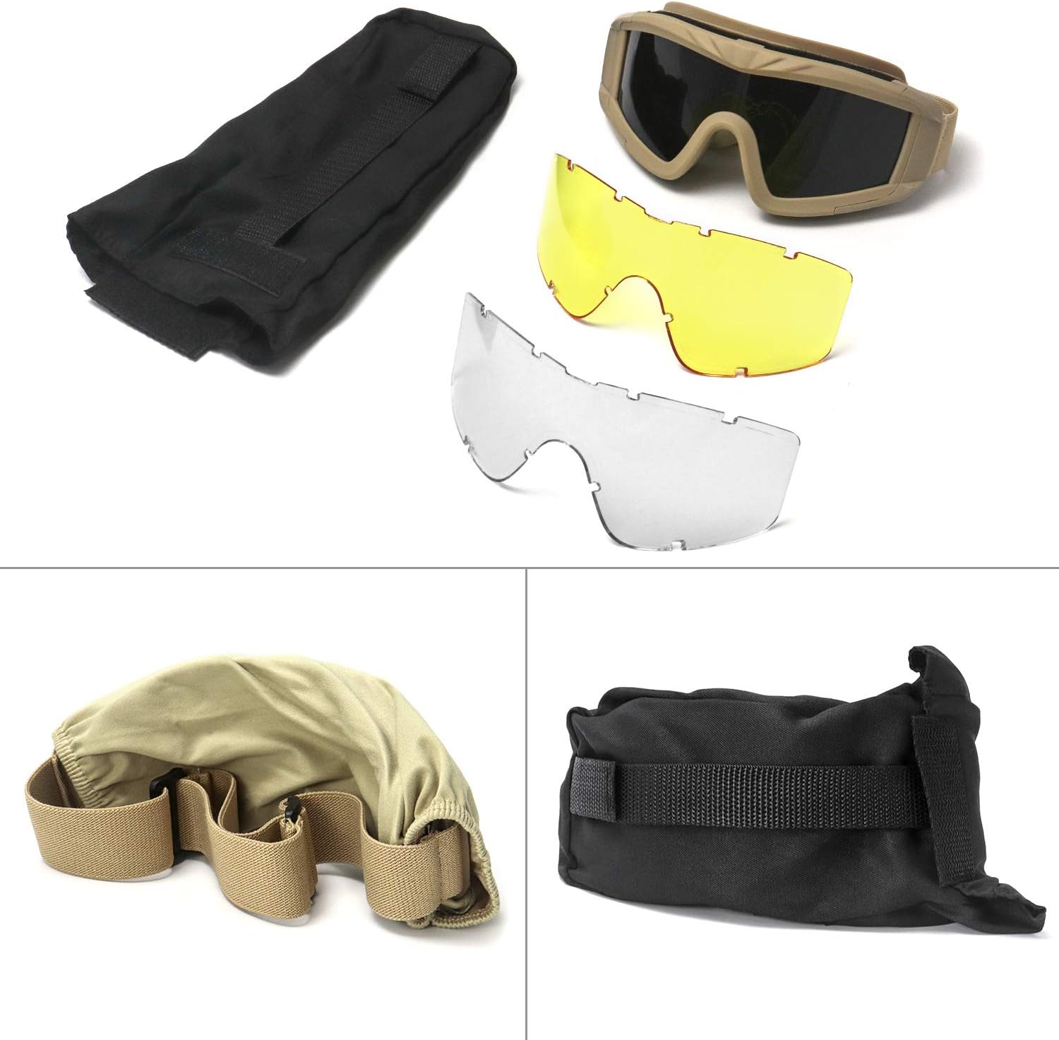 QWORK Airsoft Goggles, Outdoor Sports Military Airsoft Tactical Anti-Fog Goggles with 3 Interchangable Lens, UV Protection Shooting Glasses for Paintball Riding Cycling