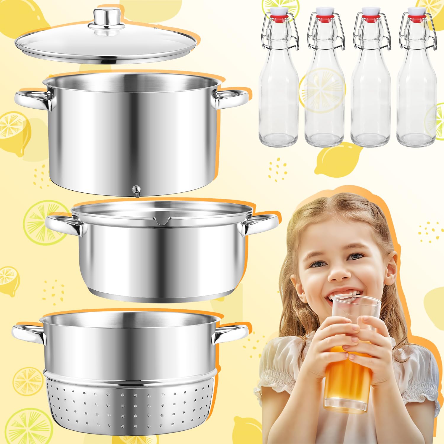Herrselsam Extracteur de jus à vapeur, 16L Acier inoxydable Presse-fruit avec 4 bouteilles pour fruits et légumes, Convient à tous les types de cuisinières Ø 26cm