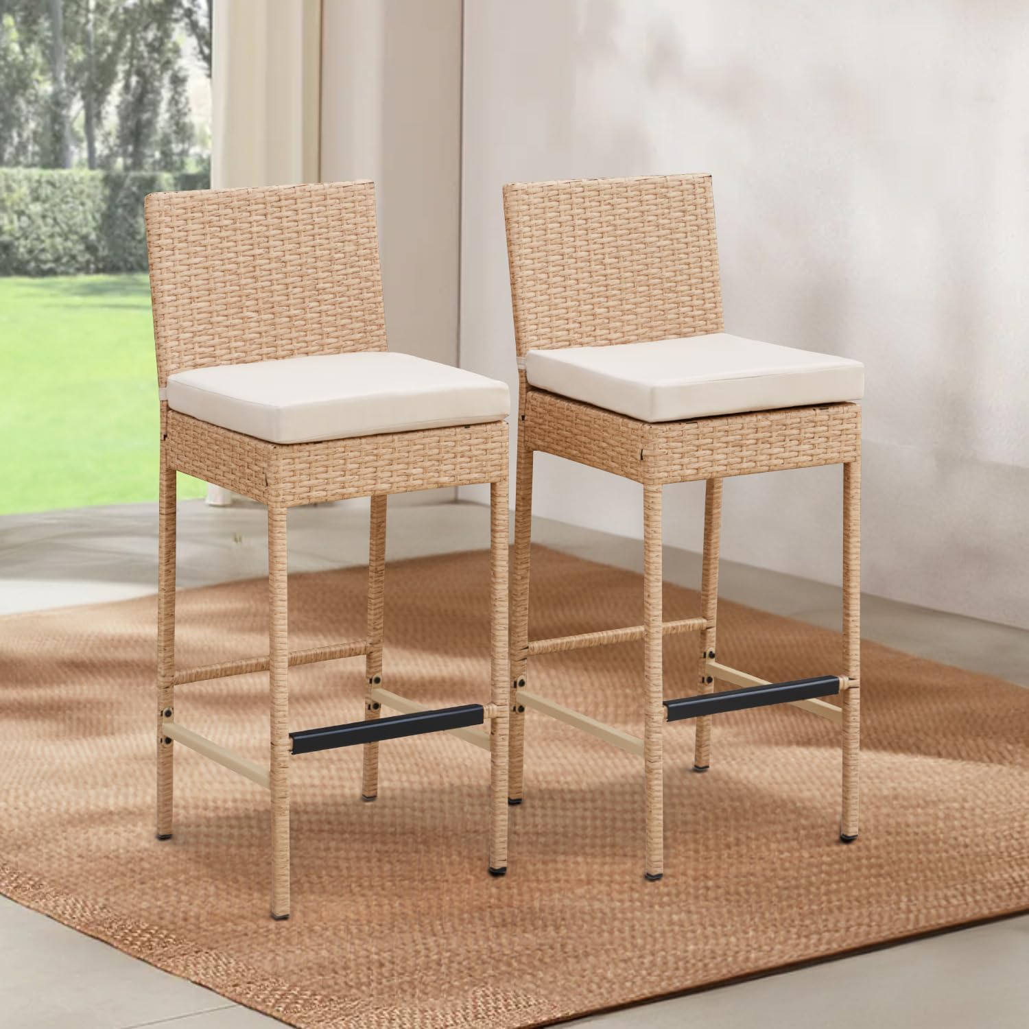 ECOTOUGE Outdoor Bar Stools, Wicker Woven Patio Stools & Patio Bar Chairs with Seat Cushion and Cozy Footrest, Rattan Furniture Armless Counter Height for Pool Lawn Porch Backyard (Set of 6, Yellow)