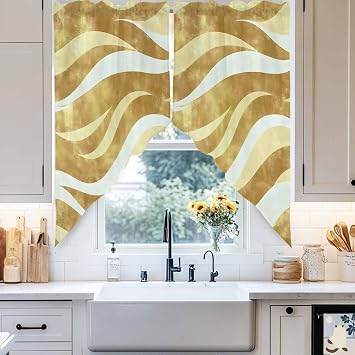 Gold Brown Stripe Swag Curtains Valance For Kitchen Windows,Modern Abstract Geometric Ocean Coastal Wide Rod Pocket Curtain Drapes,Bedroom Bathroom Cafe Living Room Light Filtering Drapery,72Wx36H