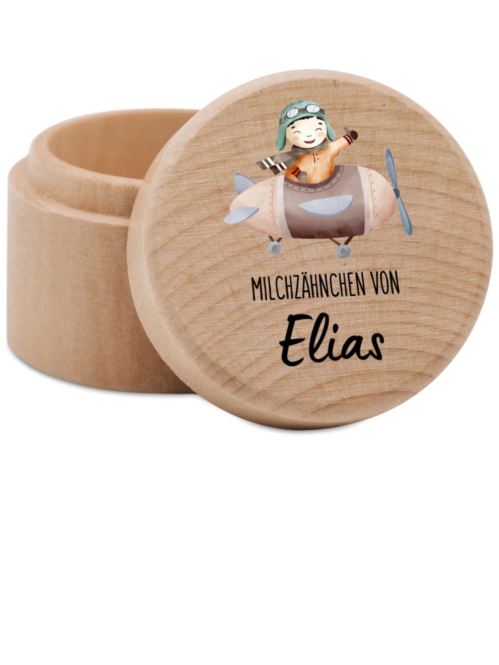 Bärenfreunde - Milchzahndose personalisiert aus Holz mit kinderfreundlichem UV-Druck - Zahndose Milchzähne als Erinnerung an die ersten Zähnchen (Junge Flugzeug)