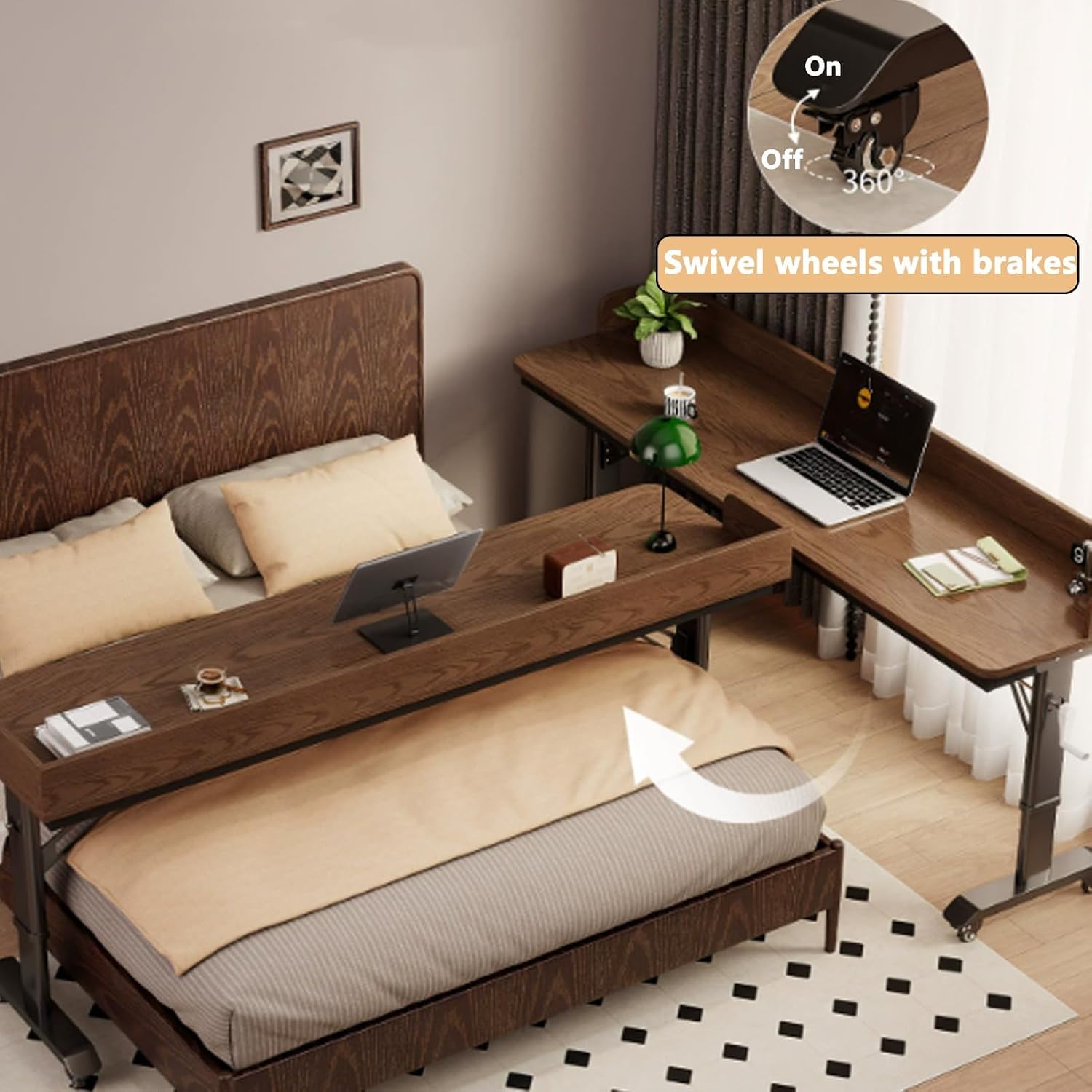 Adjustable Height Over The Bed Table, 360° Free Rotating Sofa Side Table with Manual Handle and Wheels, Cross-Bed Overbed Table, Standing Workstation Laptop Des for Work(180x50cm/70.8x19.6in)