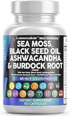 Clean Nutraceuticals Sea Moss Black Seed Oil Ashwagandha Turmeric Bladderwrack Burdock & Vitamin C Vitamin D3 with Elderberry Manuka Dandelion Yellow Dock Iodine Chlorophyll ACV