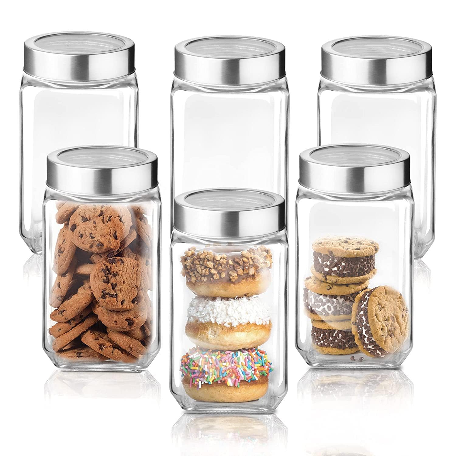 CROCO JAR Square Glass Storage Containers 1000ml | Set of 6 | Transparent Kitchen Jars with Airtight Steel Lid | Spice, Pickle, Dry Fruit, Snack, Coffee, Sugar & Pantry Storage Containers