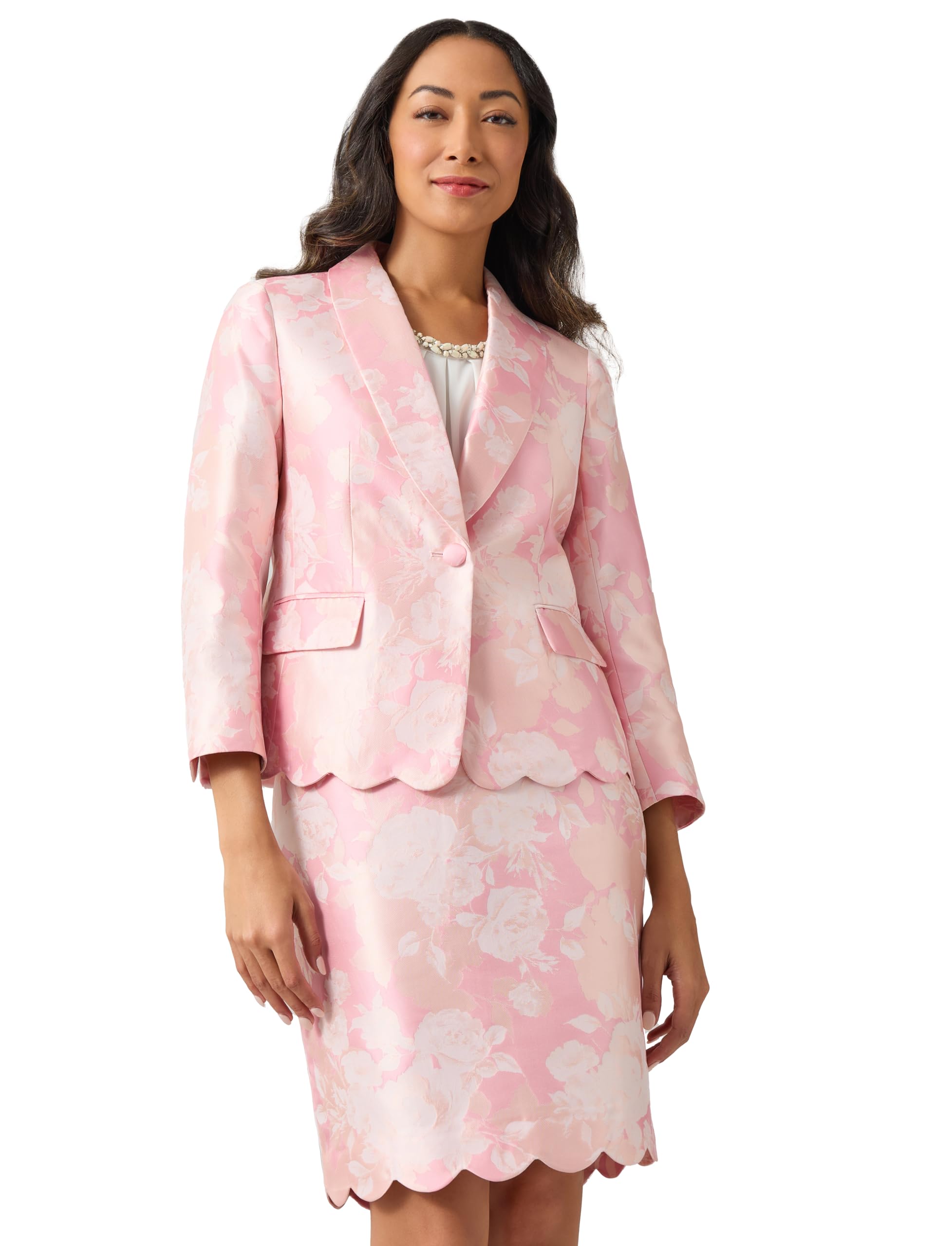 Kasper Womens Jacquard Shawl Collar JKT W Scallop Hem